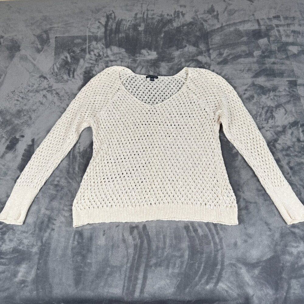 American Eagle Crochet Boho Open Knit Sweater XL Beige Long Sleeve Coastal Beach